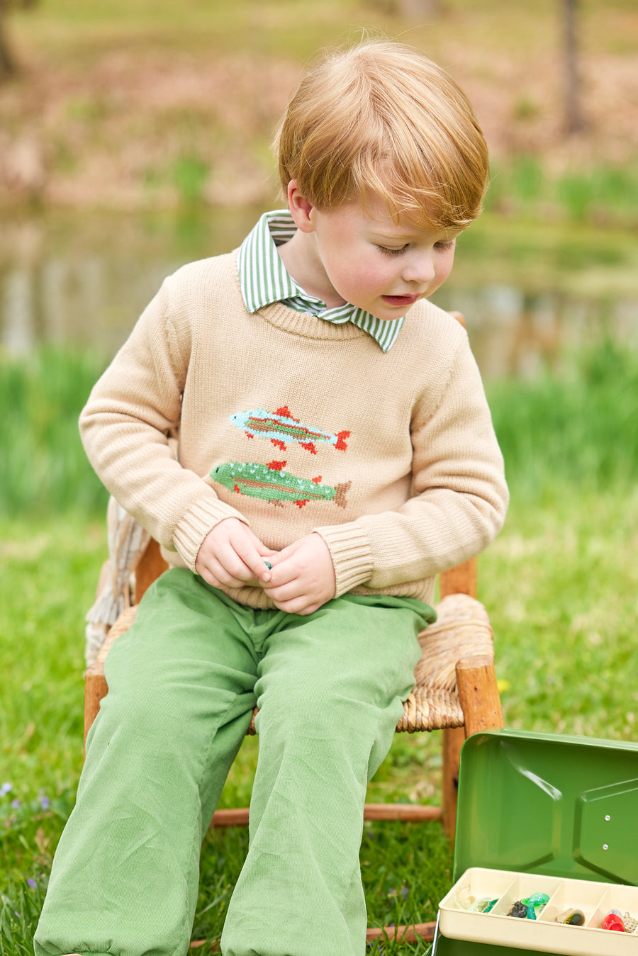 Little English traditional children's clothing. Watercress banded pants for little boy.  Light green elastic waistband pants for Fall.