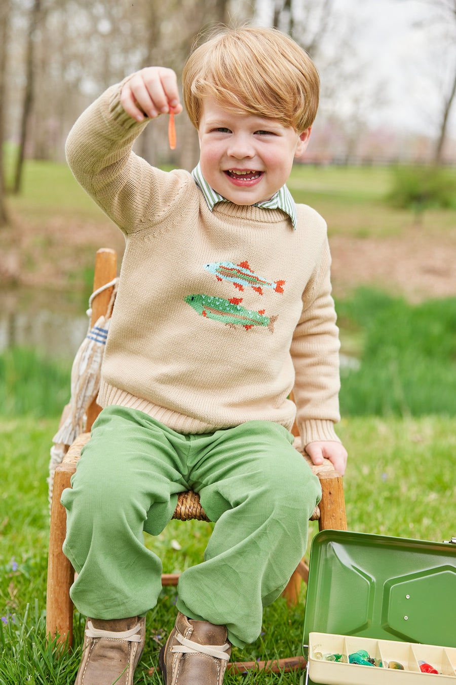 Little English traditional children's clothing. Watercress banded pants for little boy.  Light green elastic waistband pants for Fall.