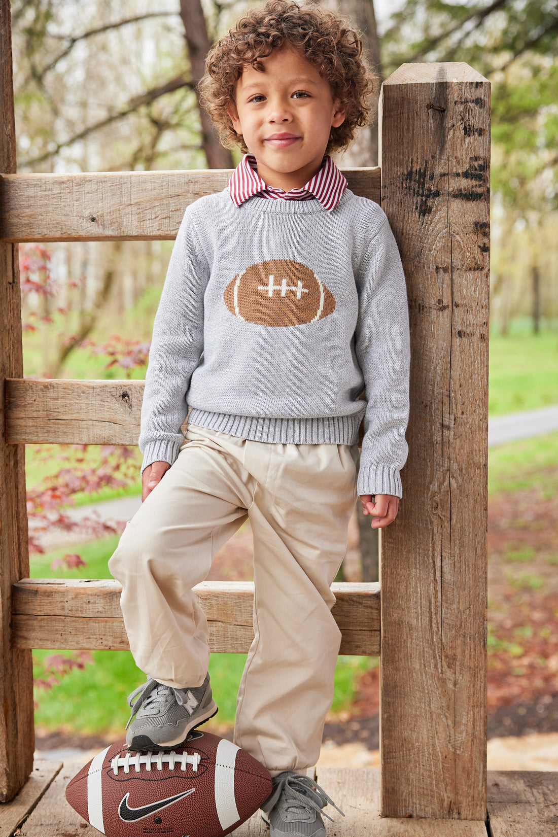 Little English classic childrens clothing toddler boys gray knit sweater with football motif on chest