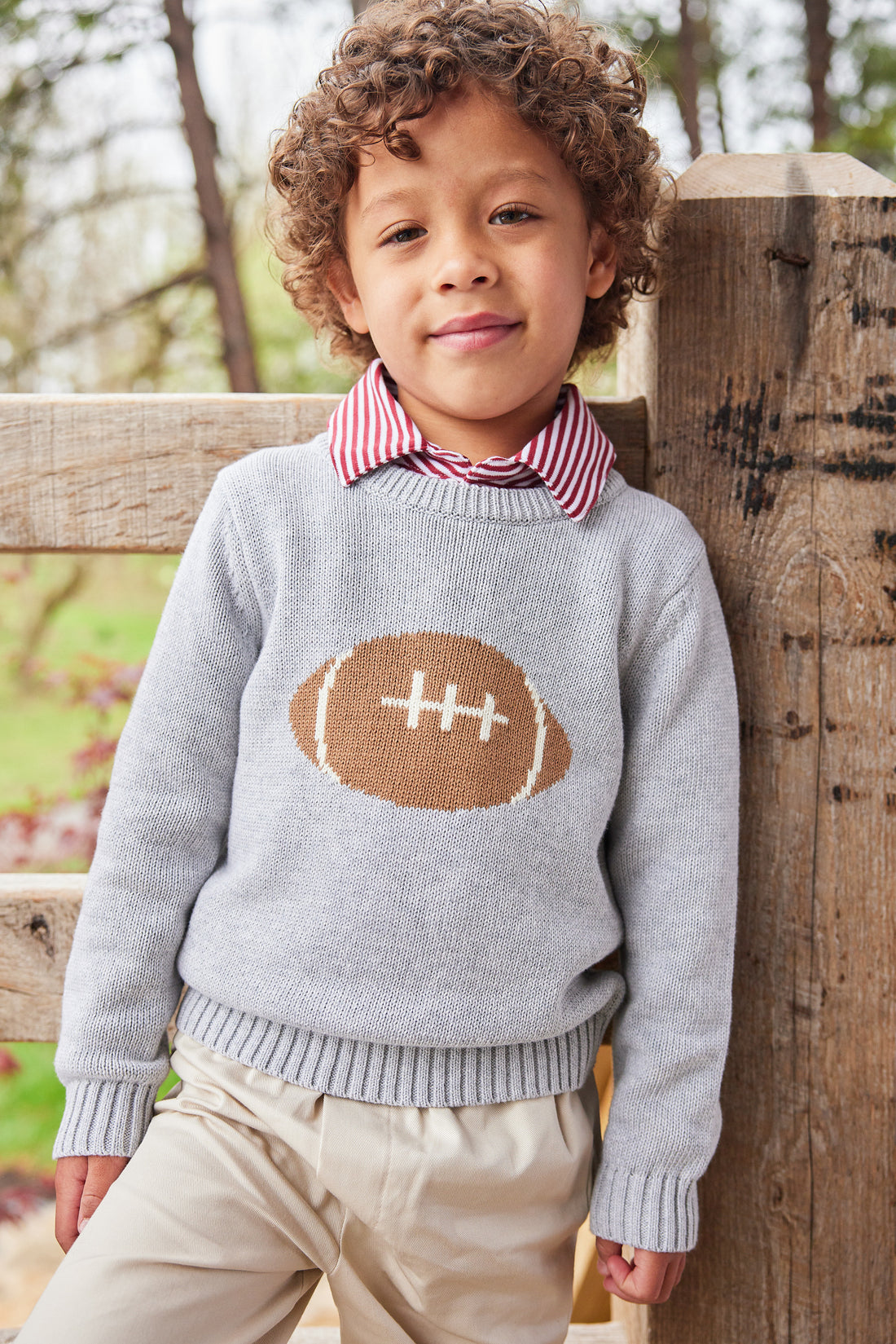 Little English classic childrens clothing toddler boys gray knit sweater with football motif on chest