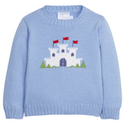 Little English traditional children's clothing. Light blue intarsia sweater with fort motif for little boy for Fall.