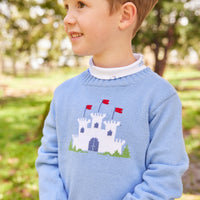 Little English traditional children's clothing. Light blue intarsia sweater with fort motif for little boy for Fall.