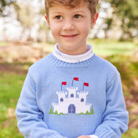 Little English traditional children's clothing. Light blue intarsia sweater with fort motif for little boy for Fall.