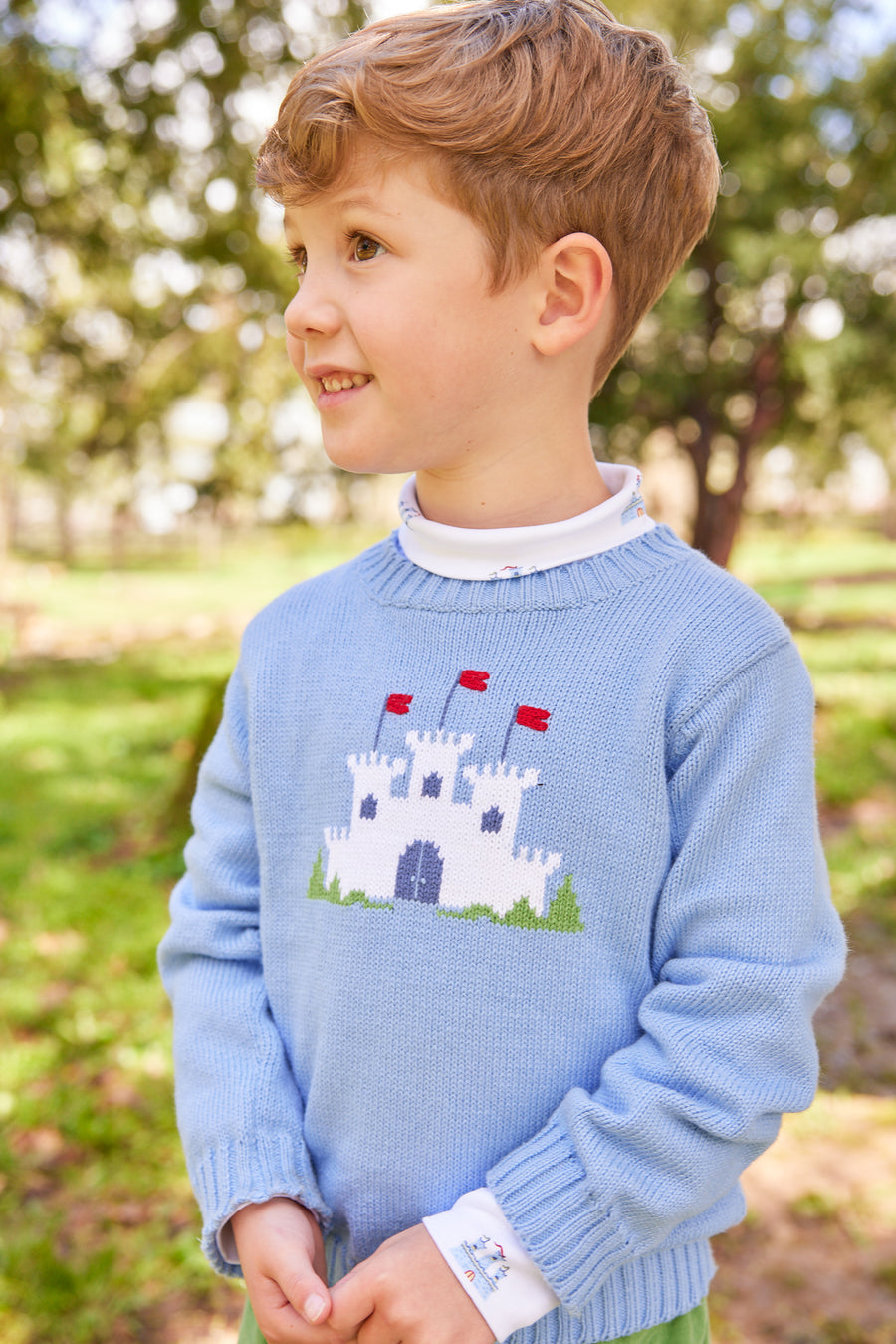 Little English traditional children's clothing. fort print turtleneck for little boys for Fall.