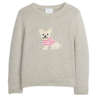 Little English traditional children's clothing. Gray intarsia sweater with frenchie dog motif for little girl for Fall.