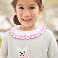 Little English traditional children's clothing. Gray intarsia sweater with frenchie dog motif for little girl for Fall.