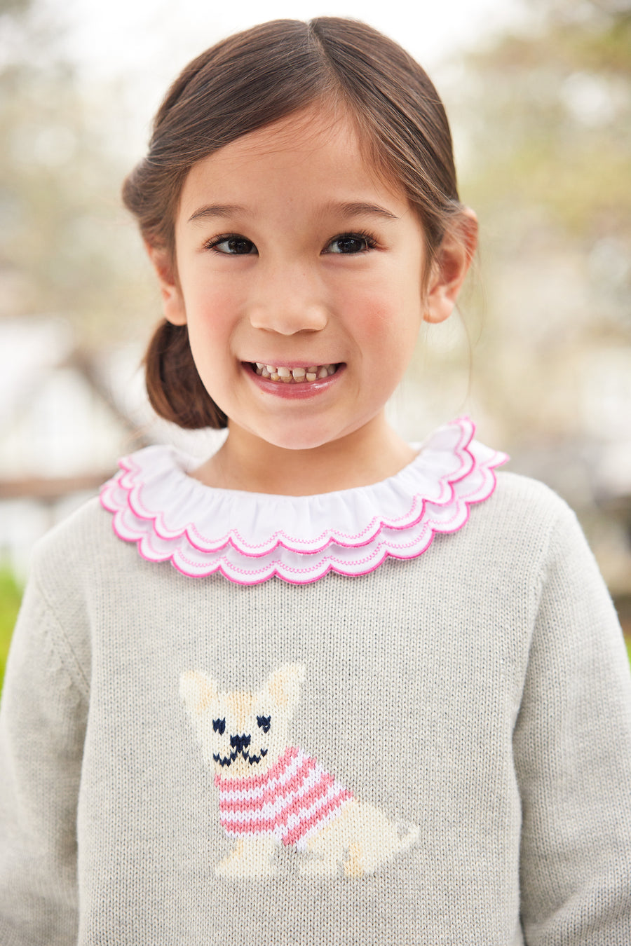 Little English traditional children's clothing.  White knit long sleeve shirt with double ruffle collar trimmed in hot pink for girls for Fall