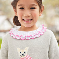 Little English traditional children's clothing. Gray intarsia sweater with frenchie dog motif for little girl for Fall.