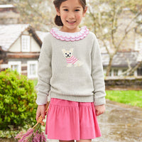 Little English traditional children's clothing. Gray intarsia sweater with frenchie dog motif for little girl for Fall.