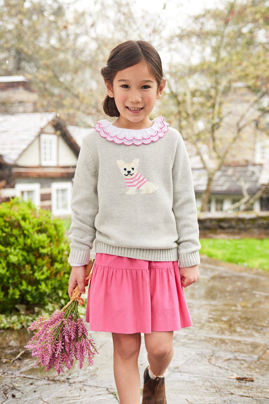 Little English traditional children's clothing. Gray intarsia sweater with frenchie dog motif for little girl for Fall.