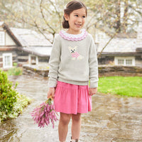 Little English traditional children's clothing. Gray intarsia sweater with frenchie dog motif for little girl for Fall.