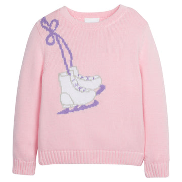 Little English traditional children's clothing. Light pink intarsia sweater with ice skate motif for little girl for Fall.