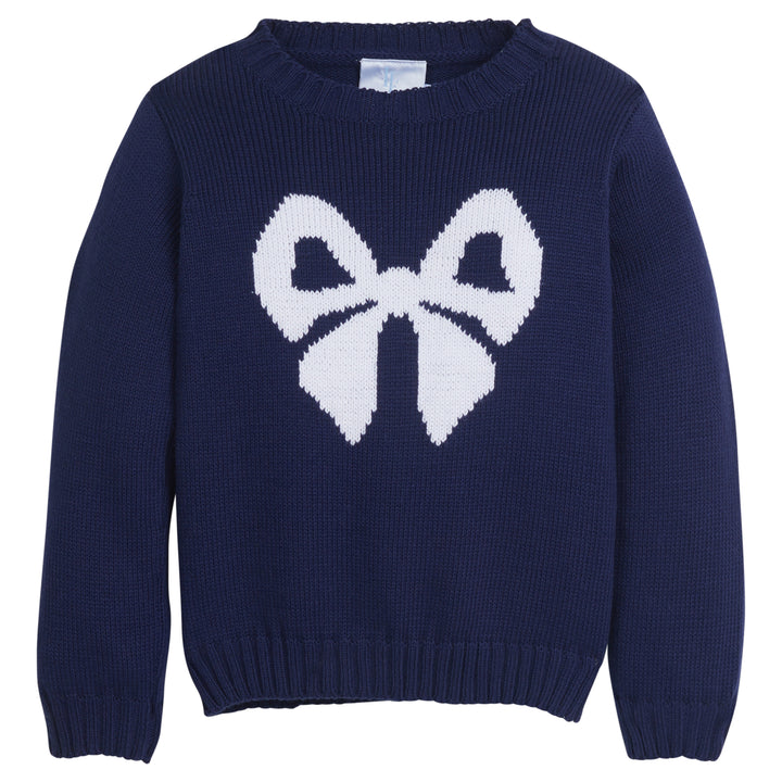 Little English traditional children's clothing.  Navy knit sweater with white bow for girls for Fall