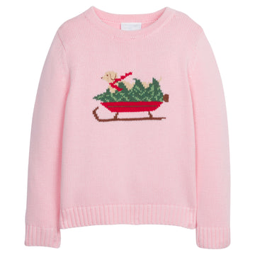 Little English traditional clothing, light pink Intarsia Sweter with holiday lab print on chest, for little girl 