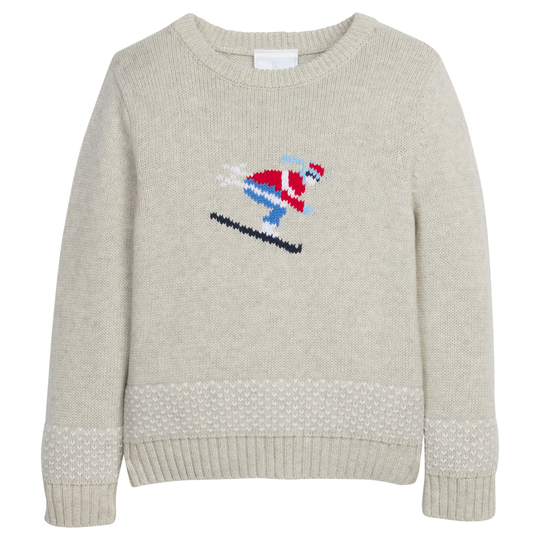 Little English traditional clothing, unisex light gray Intarsia Sweater with skier on chest, for little boy or girl