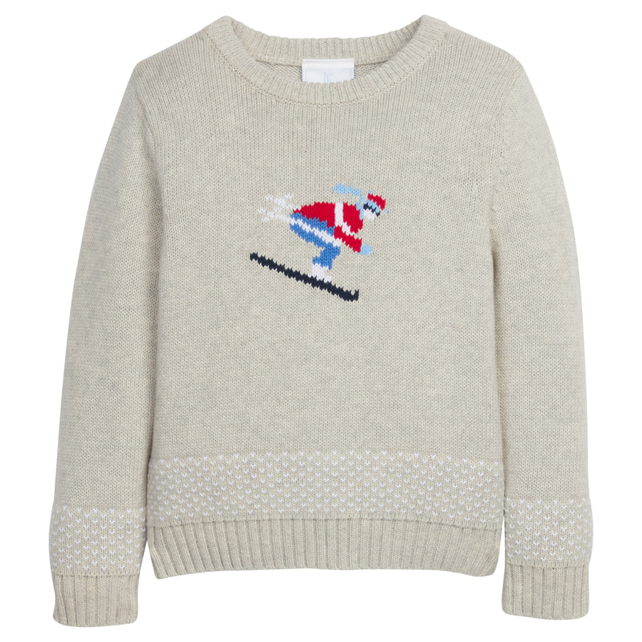 Little English traditional clothing, unisex light gray Intarsia Sweater with skier on chest, for little boy or girl