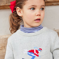 Little English traditional clothing, unisex light gray Intarsia Sweater with skier on chest, for little boy or girl