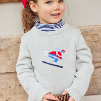 Little English traditional clothing, unisex light gray Intarsia Sweater with skier on chest, for little boy or girl