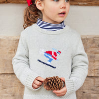 Little English traditional clothing, unisex light gray Intarsia Sweater with skier on chest, for little boy or girl