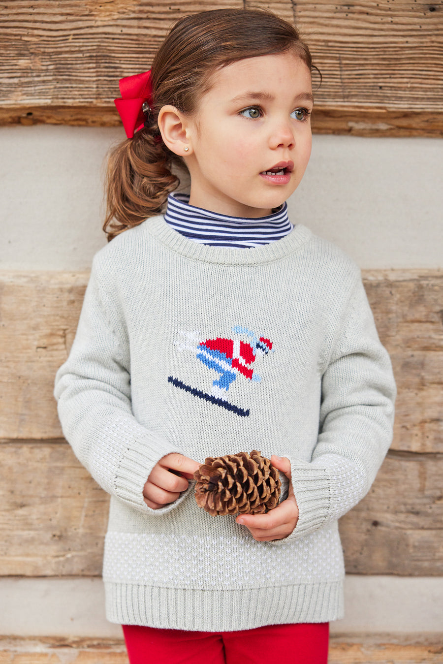 Little English traditional clothing, unisex light gray Intarsia Sweater with skier on chest, for little boy or girl