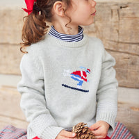 Little English traditional clothing, unisex light gray Intarsia Sweater with skier on chest, for little boy or girl