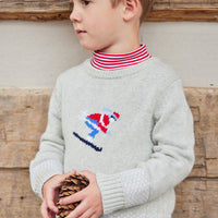 Little English traditional clothing, unisex light gray Intarsia Sweater with skier on chest, for little boy or girl