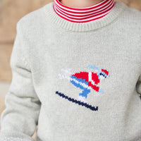 Little English traditional clothing, unisex light gray Intarsia Sweater with skier on chest, for little boy or girl