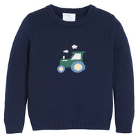 Little English traditional children's clothing. Navy blue intarsia sweater with tractor  motif for little boy for Fall.