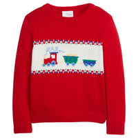 Little English traditional children's clothing, red Intarsia Sweater with train print in center, for little boy