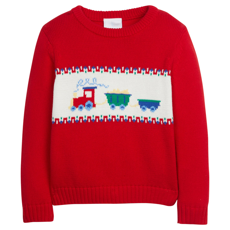 Little English traditional children's clothing, red Intarsia Sweater with train print in center, for little boy