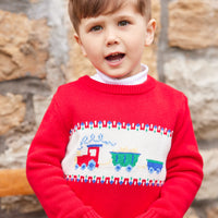 Little English traditional children's clothing, red Intarsia Sweater with train print in center, for little boy