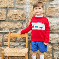 Little English traditional children's clothing, red Intarsia Sweater with train print in center, for little boy