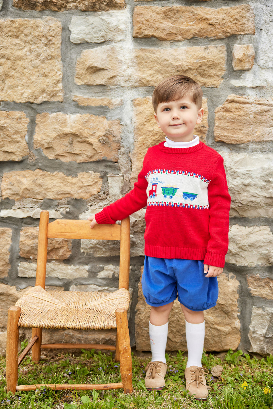 Little English traditional children's clothing, red Intarsia Sweater with train print in center, for little boy