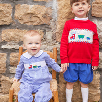 Little English traditional clothing, chest smocked romper in blue gingham pattern with embroidered train on chest for baby boy