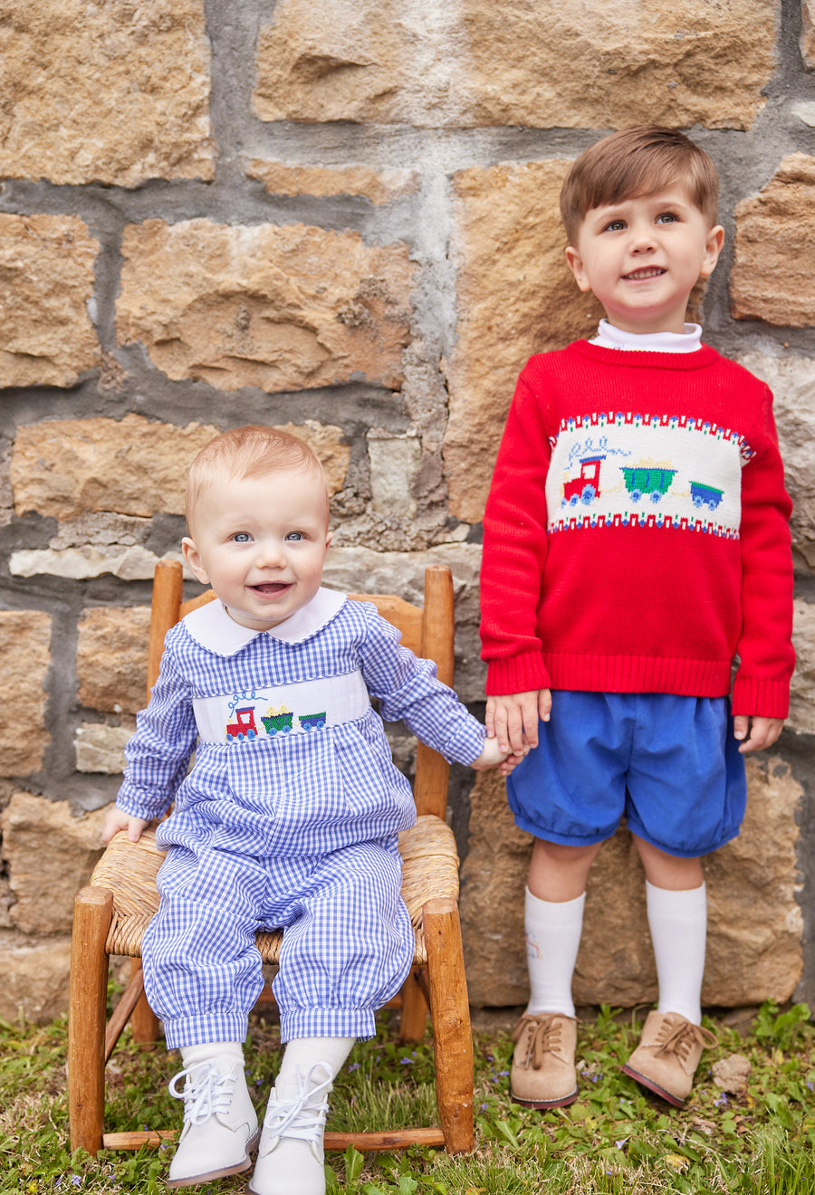 Little English traditional clothing, chest smocked romper in blue gingham pattern with embroidered train on chest for baby boy