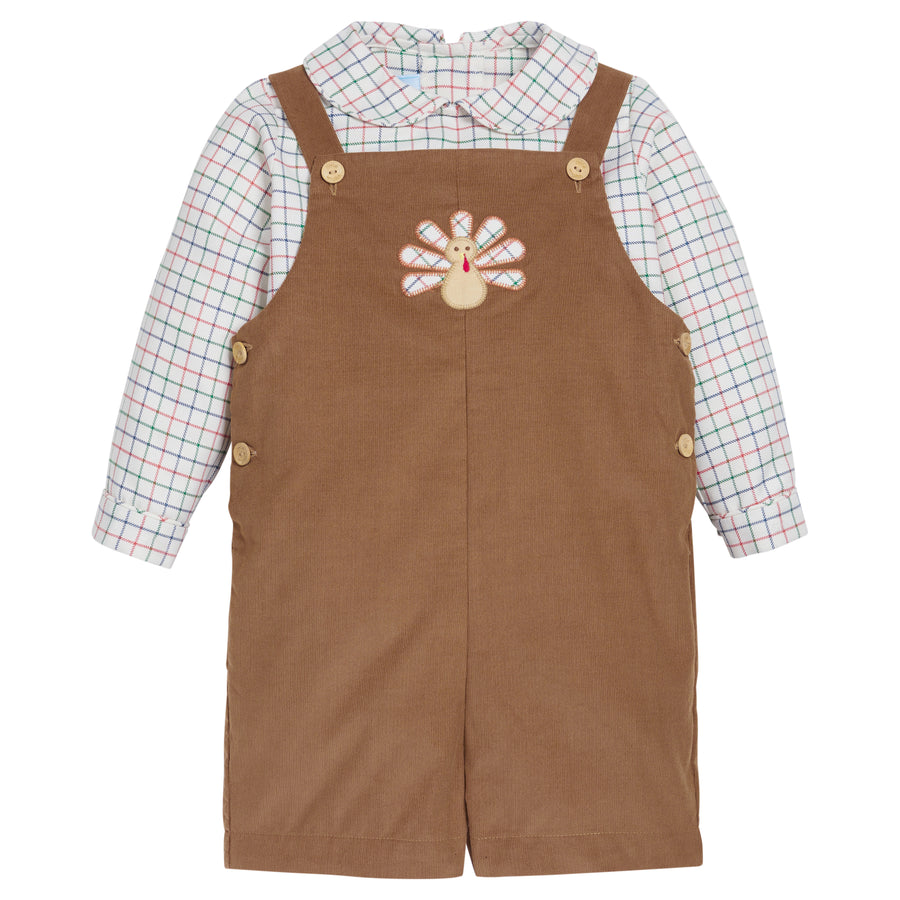 Little English traditional children's clothing. Brown corduroy shortall with turkey applique and peter pan shirt with tattersall print. Boys holiday shortall set for Thanksgiving