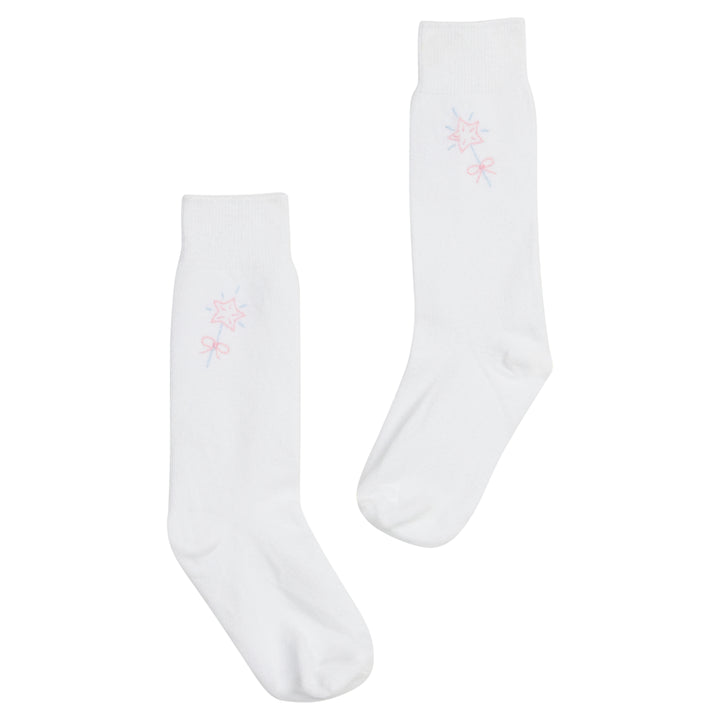 Little English traditional children's clothing.  Knee high white socks with embroidered pink and blue magic wands for little girl
