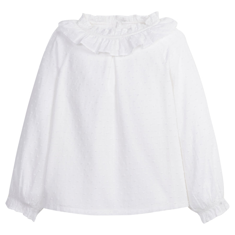 Little English traditional children's clothing.  Ruffled ivory blouse with swiss dots for girls for Fall