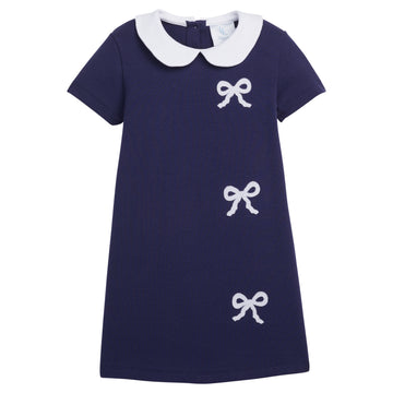 Little English traditional children's clothing.  Navy peter pan dress with white bows for girls for Fall