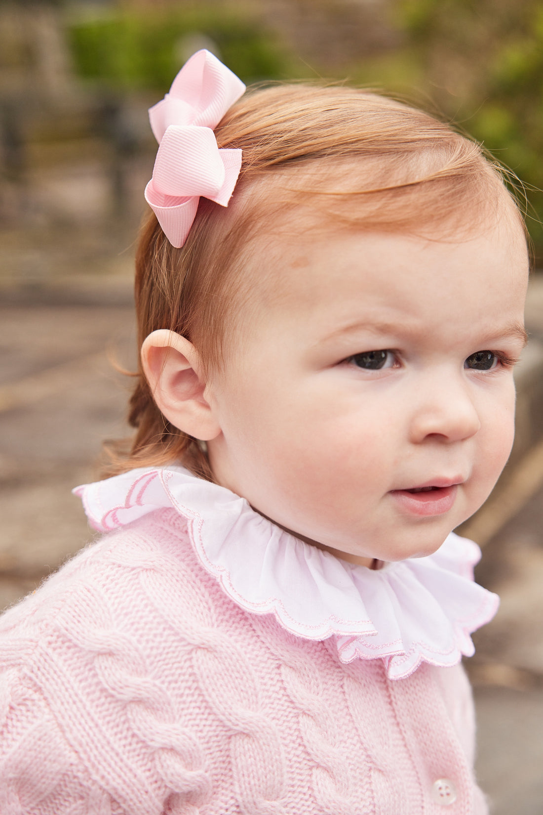 little english classic childrens clothing girls white long sleeve onesie with light pink scalloped collar