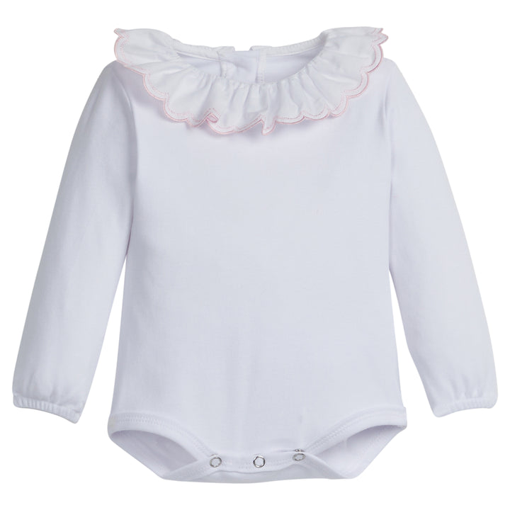 little english classic childrens clothing girls white long sleeve onesie with light pink scalloped collar