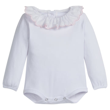 little english classic childrens clothing girls white long sleeve onesie with light pink scalloped collar