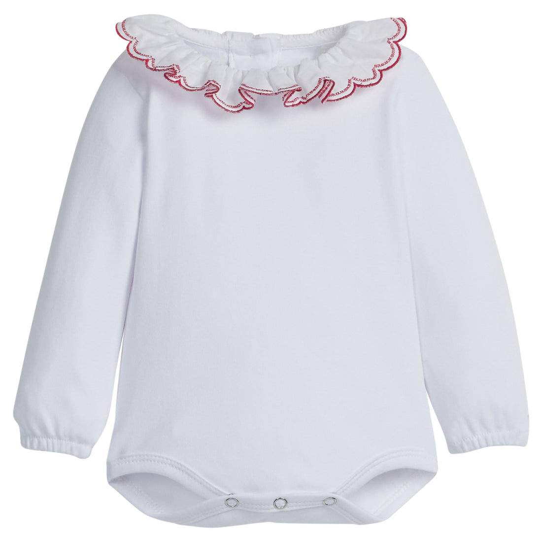 little english classic childrens clothing girls white long sleeve onesie with red scalloped collar