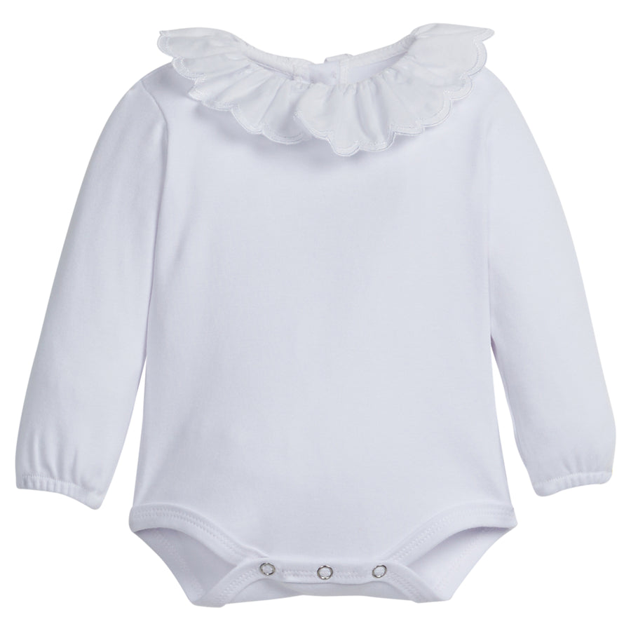 little english classic childrens clothing girls white long sleeve onesie with white scalloped collar