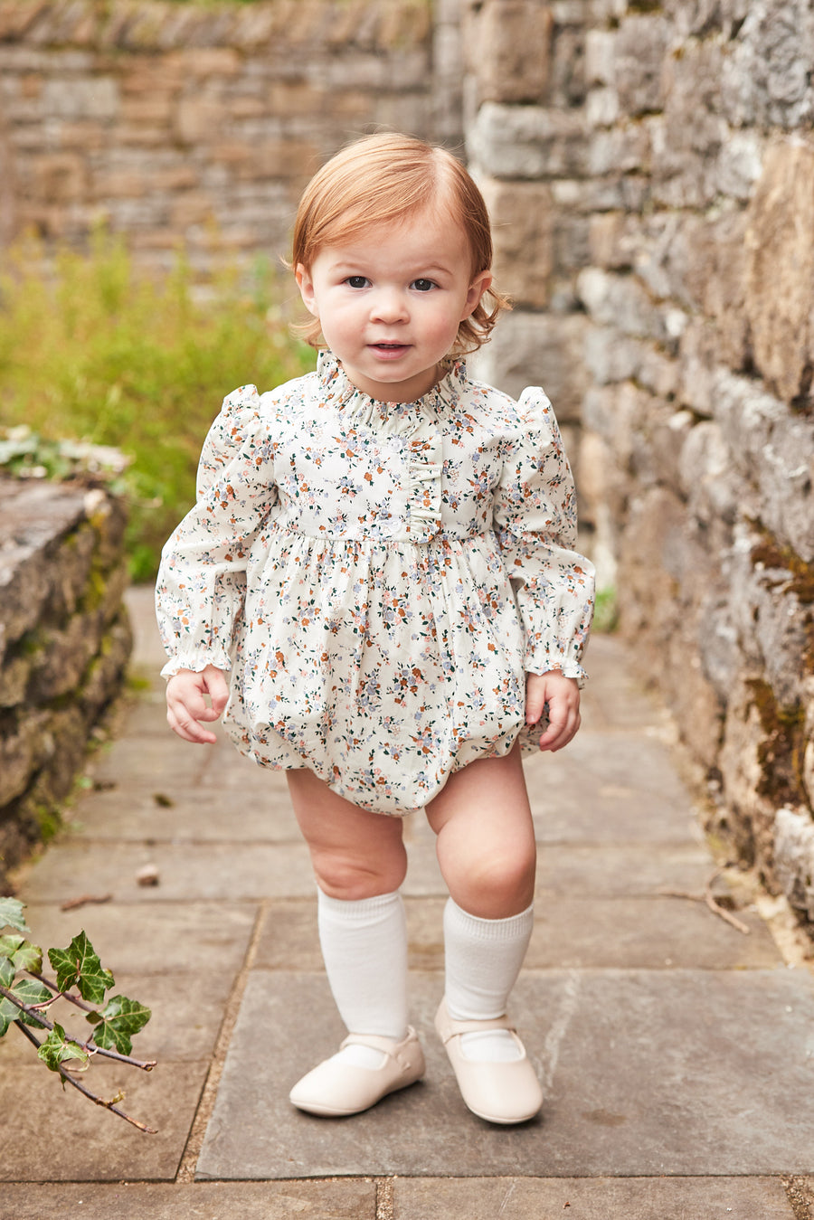 little english classic childrens clothing baby girls long sleeve brown floral bubble with ruffled neckline for Fall