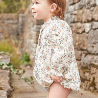 little english classic childrens clothing baby girls long sleeve brown floral bubble with ruffled neckline for Fall