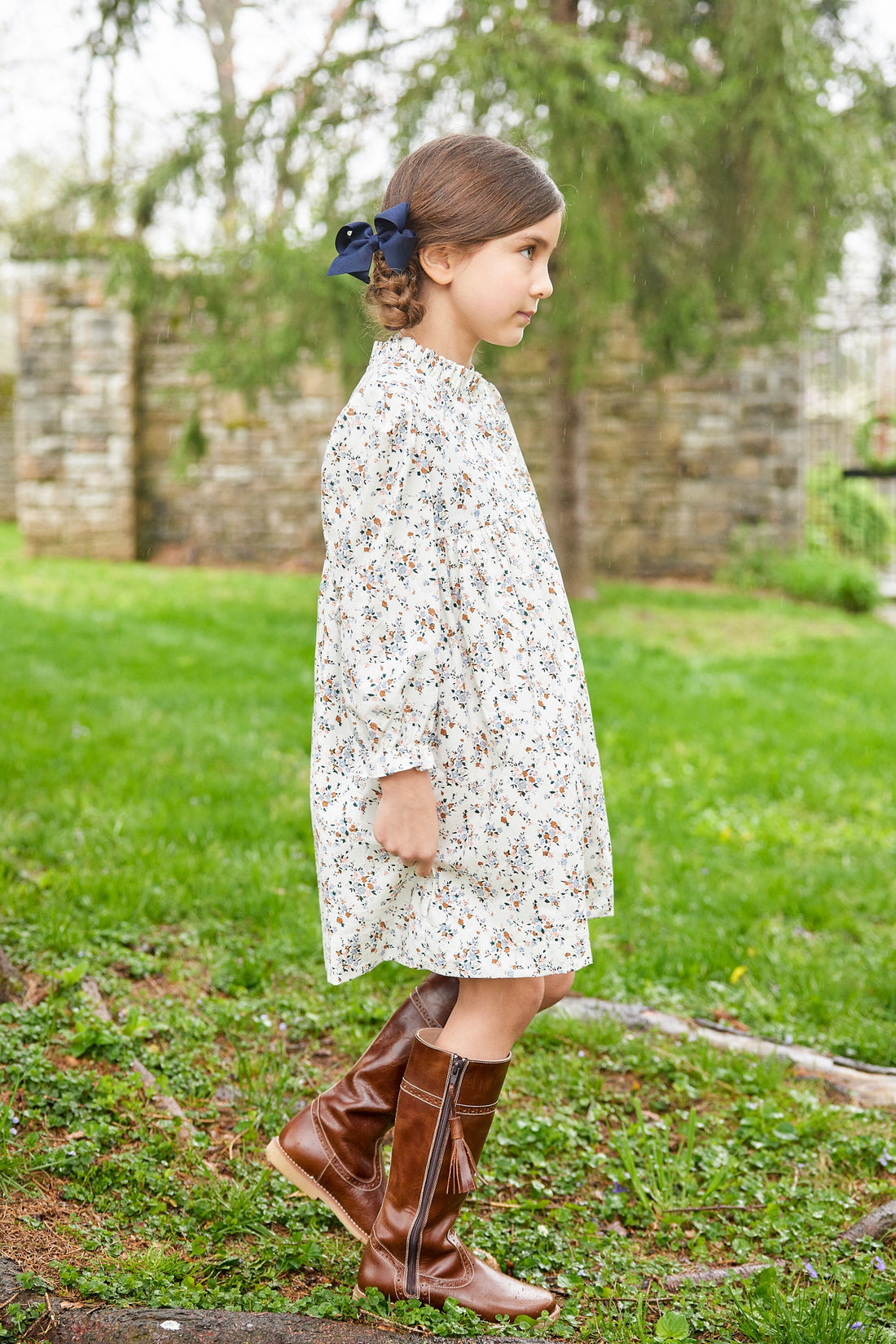 little english classic childrens clothing girls long sleeve brown floral dress with ruffled neckline for Fall