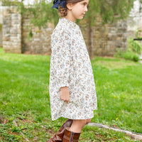 little english classic childrens clothing girls long sleeve brown floral dress with ruffled neckline for Fall