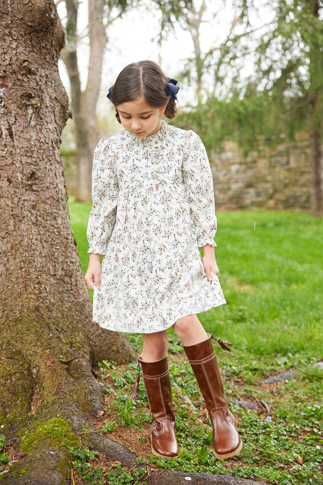 little english classic childrens clothing girls long sleeve brown floral dress with ruffled neckline for Fall