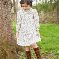 little english classic childrens clothing girls long sleeve brown floral dress with ruffled neckline for Fall